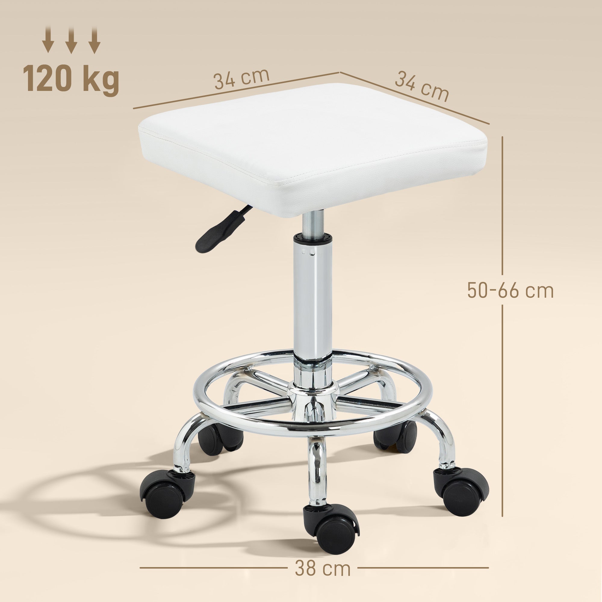 Swivel Stool with Wheels Adjustable Height 50-66 cm Upholstered Seat PU Leather Footrest for Living Rooms and Workshops White