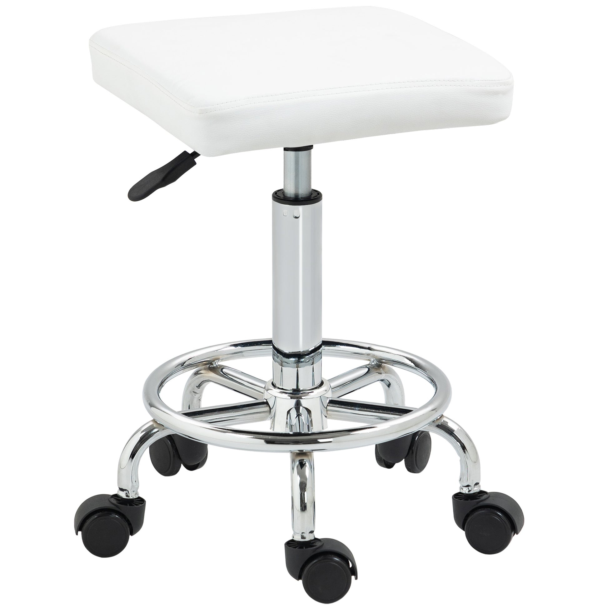 Swivel Stool with Wheels Adjustable Height 50-66 cm Upholstered Seat PU Leather Footrest for Living Rooms and Workshops White