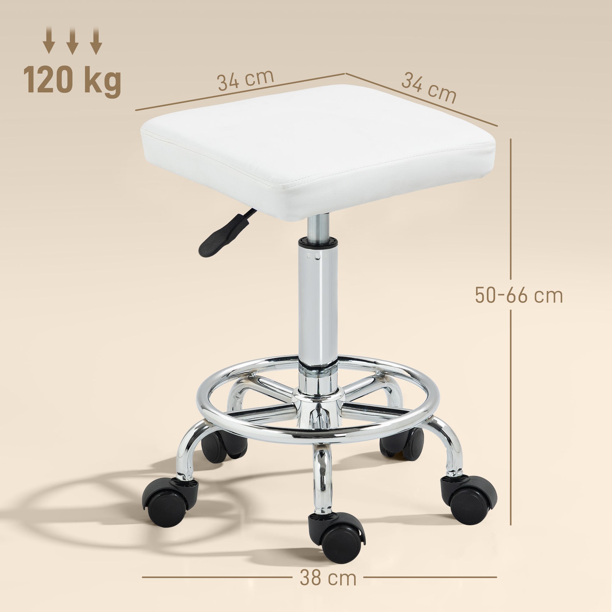 Swivel Stool with Wheels Adjustable Height 50-66 cm Upholstered Seat PU Leather Footrest for Living Rooms and Workshops White