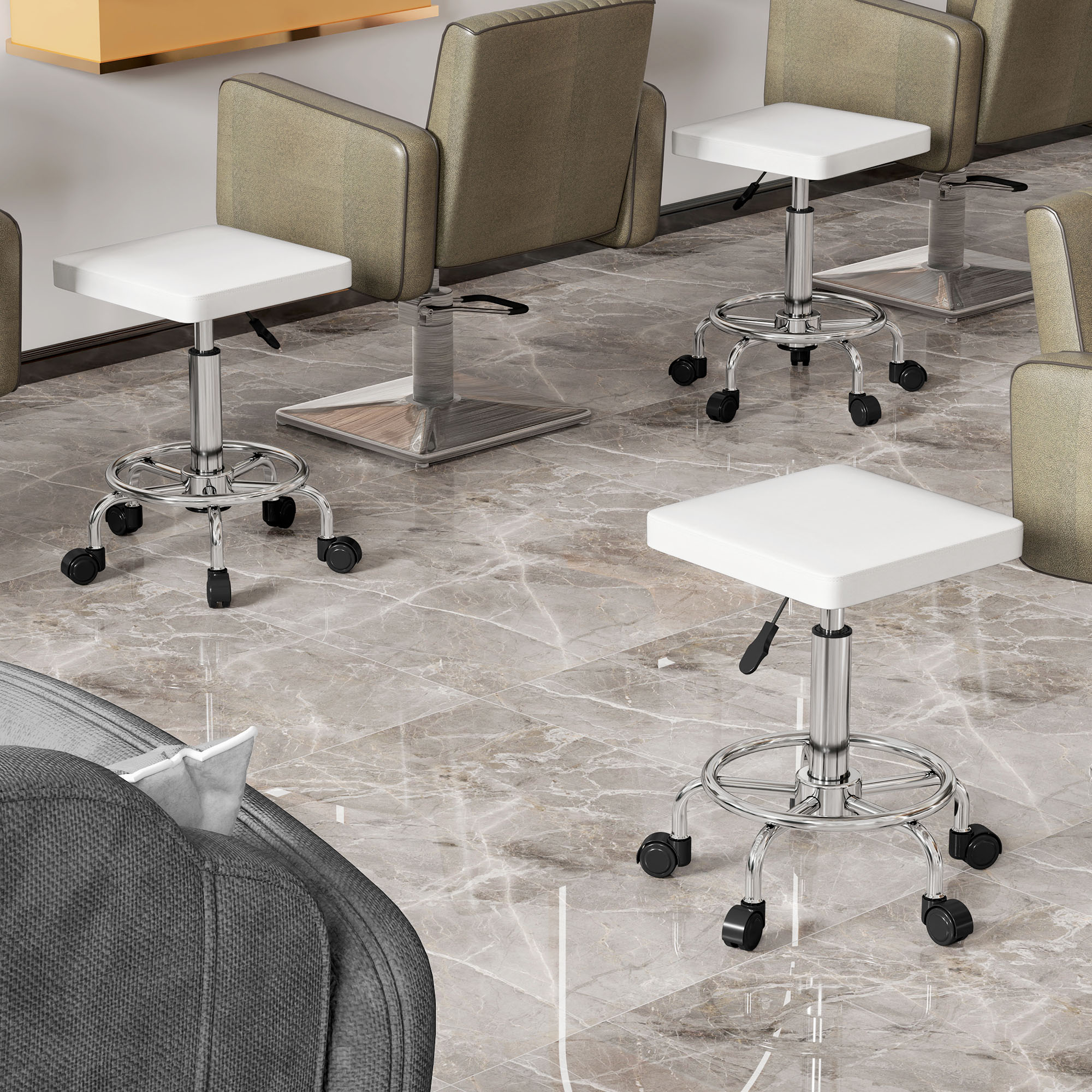 Swivel Stool with Wheels Adjustable Height 50-66 cm Upholstered Seat PU Leather Footrest for Living Rooms and Workshops White