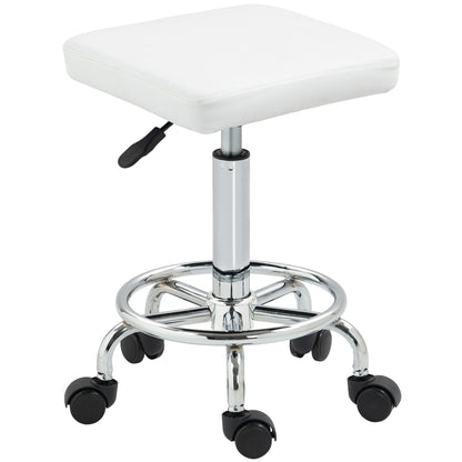 Swivel Stool with Wheels Adjustable Height 50-66 cm Upholstered Seat PU Leather Footrest for Living Rooms and Workshops White