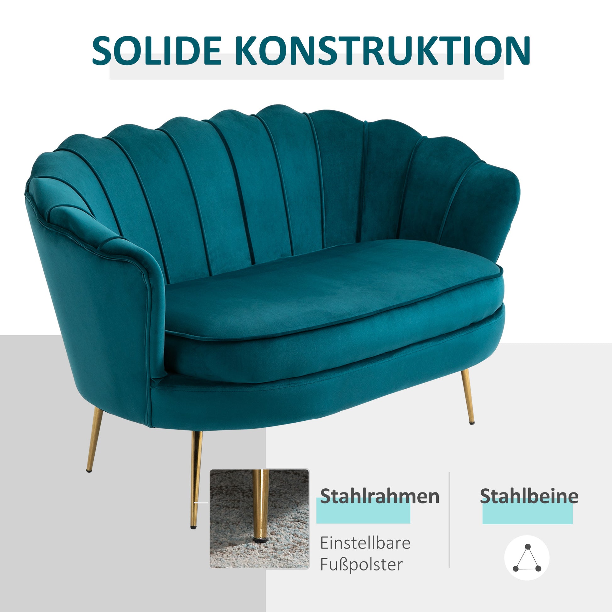 Sofa 2 Seater Couch with Armrest Thickly Padded Upholstered Modern Double Sofa with Velvet Look for Living Room Bedroom, 130 x 77 x 77 cm, Dark green