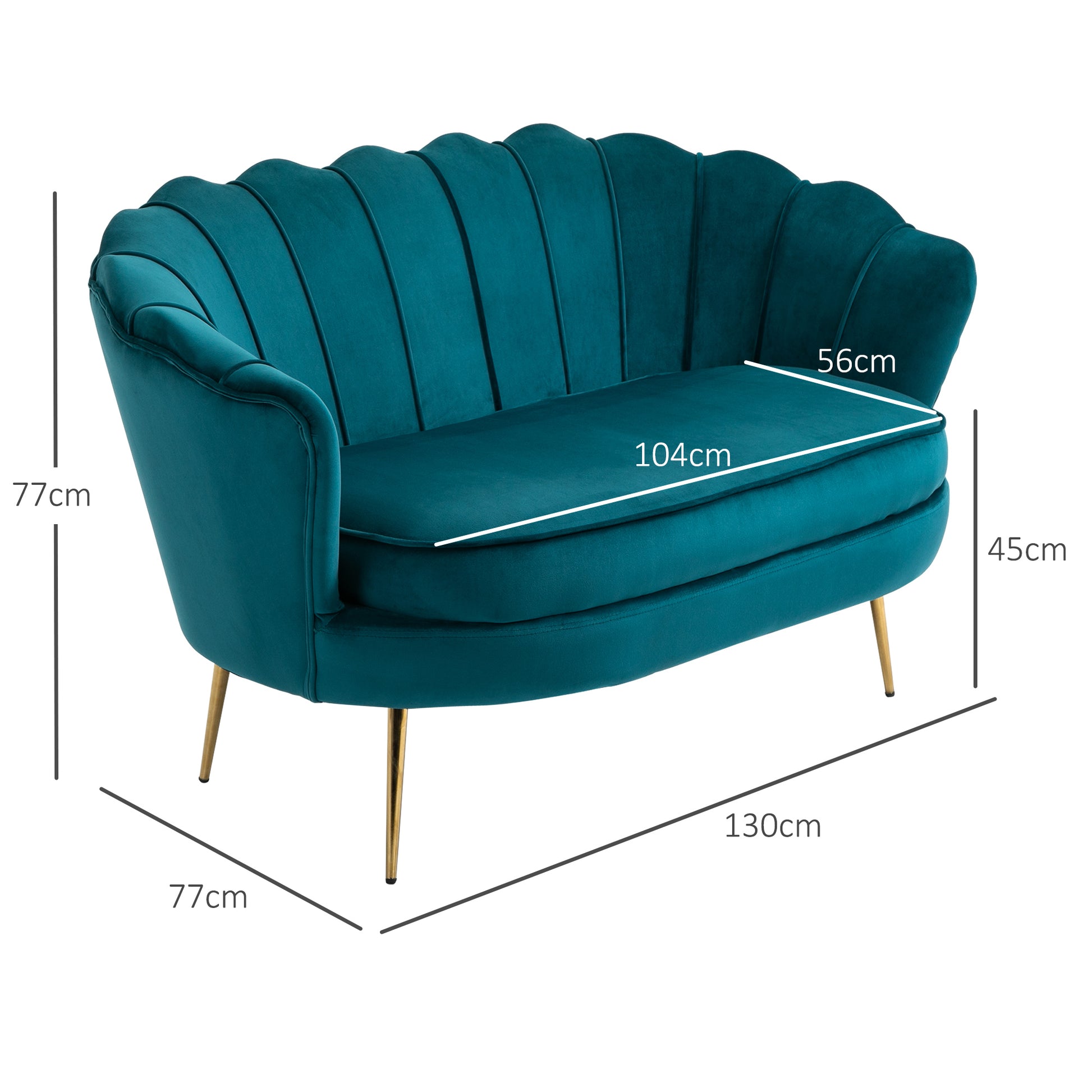 Sofa 2 Seater Couch with Armrest Thickly Padded Upholstered Modern Double Sofa with Velvet Look for Living Room Bedroom, 130 x 77 x 77 cm, Dark green