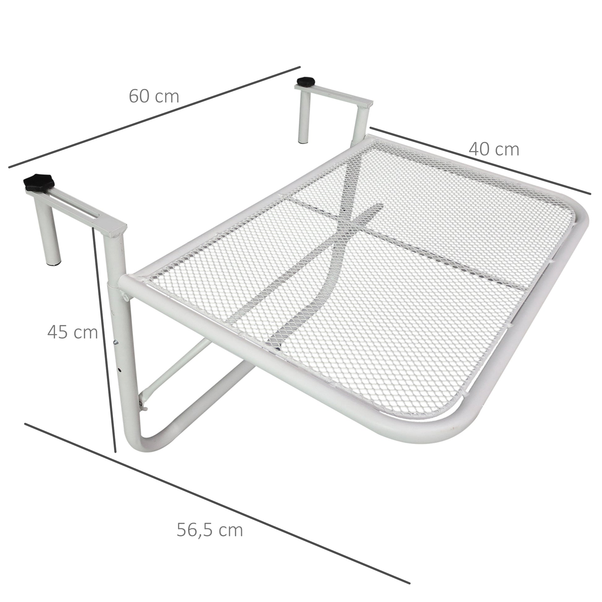 Balcony Hanging Table 3-Level Adjustable Hanging Table Made of Metal Weatherproof Balcony Table Side Table for Balcony Railing Terrace Railing Table for Hanging 60 x 56.5 cm, White