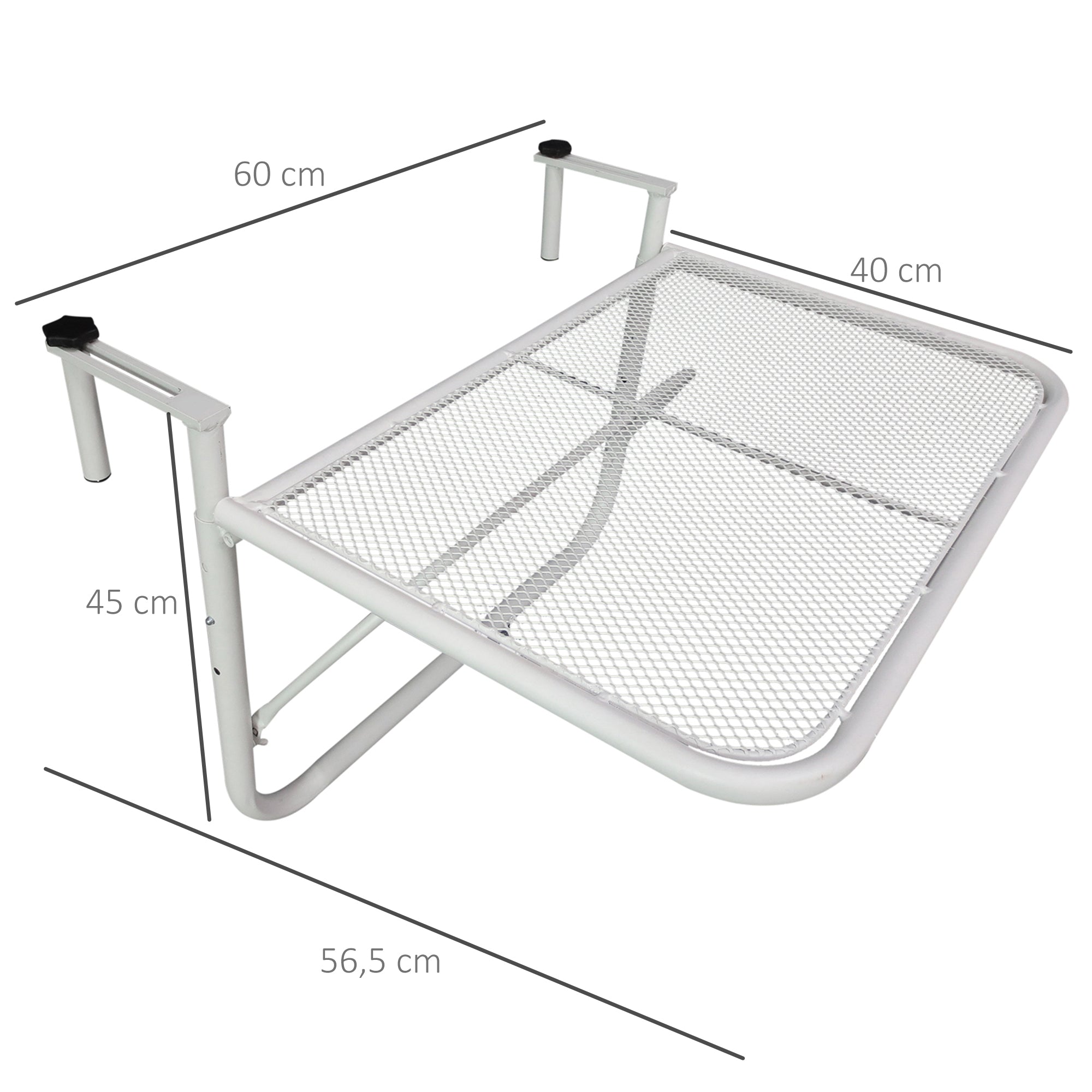 Balcony Hanging Table 3-Level Adjustable Hanging Table Made of Metal Weatherproof Balcony Table Side Table for Balcony Railing Terrace Railing Table for Hanging 60 x 56.5 cm, White