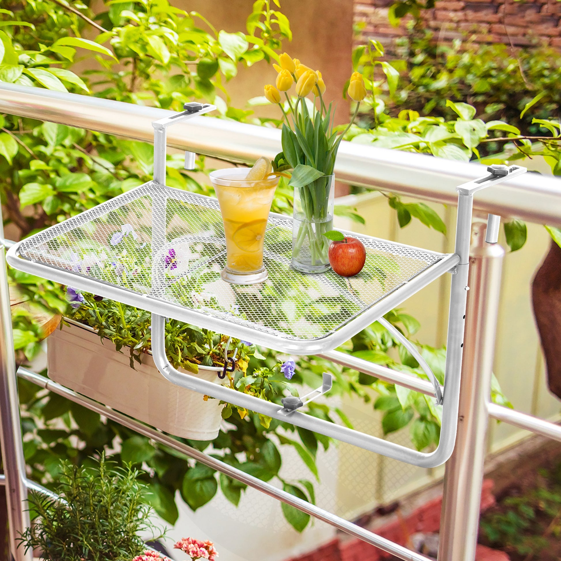 Balcony Hanging Table 3-Level Adjustable Hanging Table Made of Metal Weatherproof Balcony Table Side Table for Balcony Railing Terrace Railing Table for Hanging 60 x 56.5 cm, White