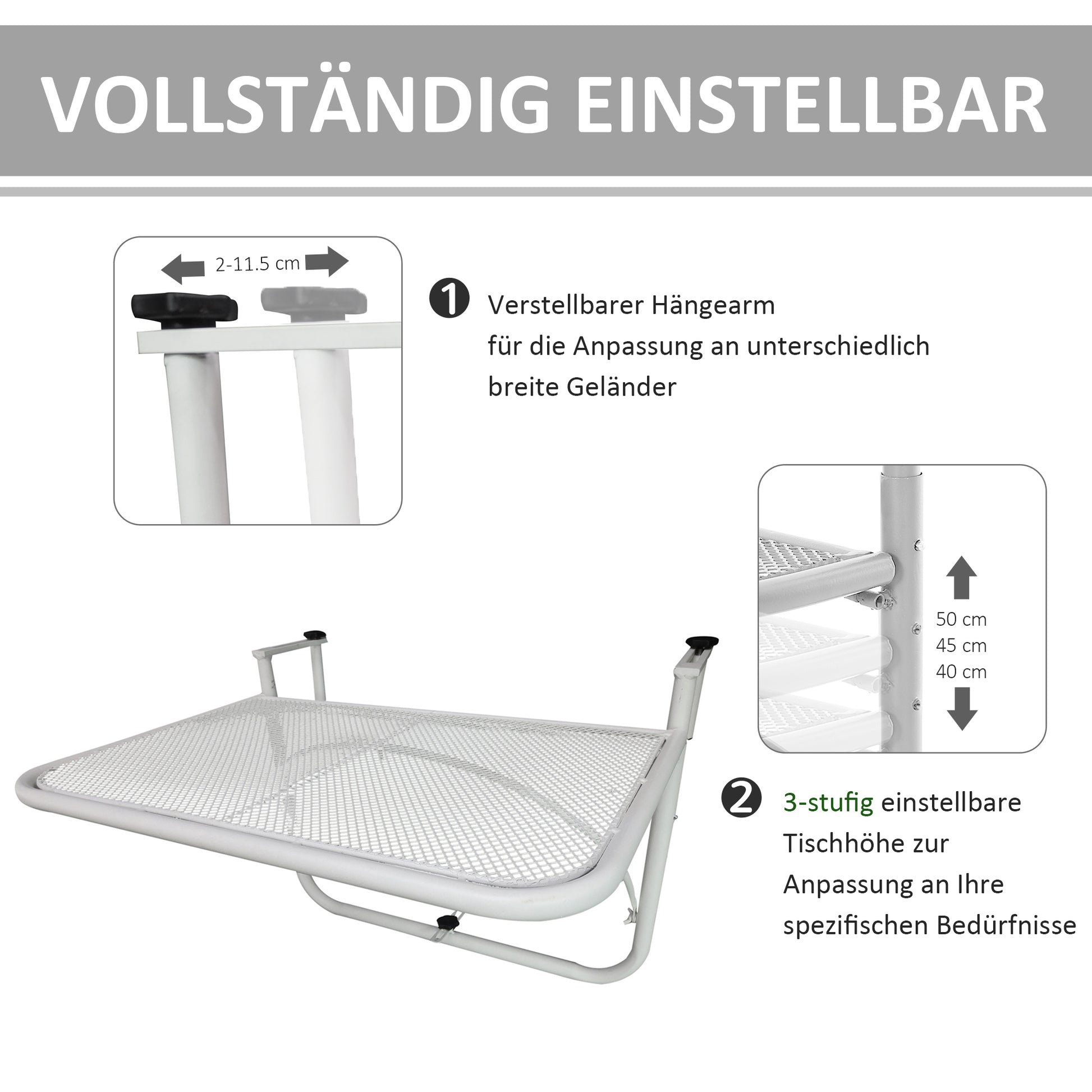 Balcony Hanging Table 3-Level Adjustable Hanging Table Made of Metal Weatherproof Balcony Table Side Table for Balcony Railing Terrace Railing Table for Hanging 60 x 56.5 cm, White