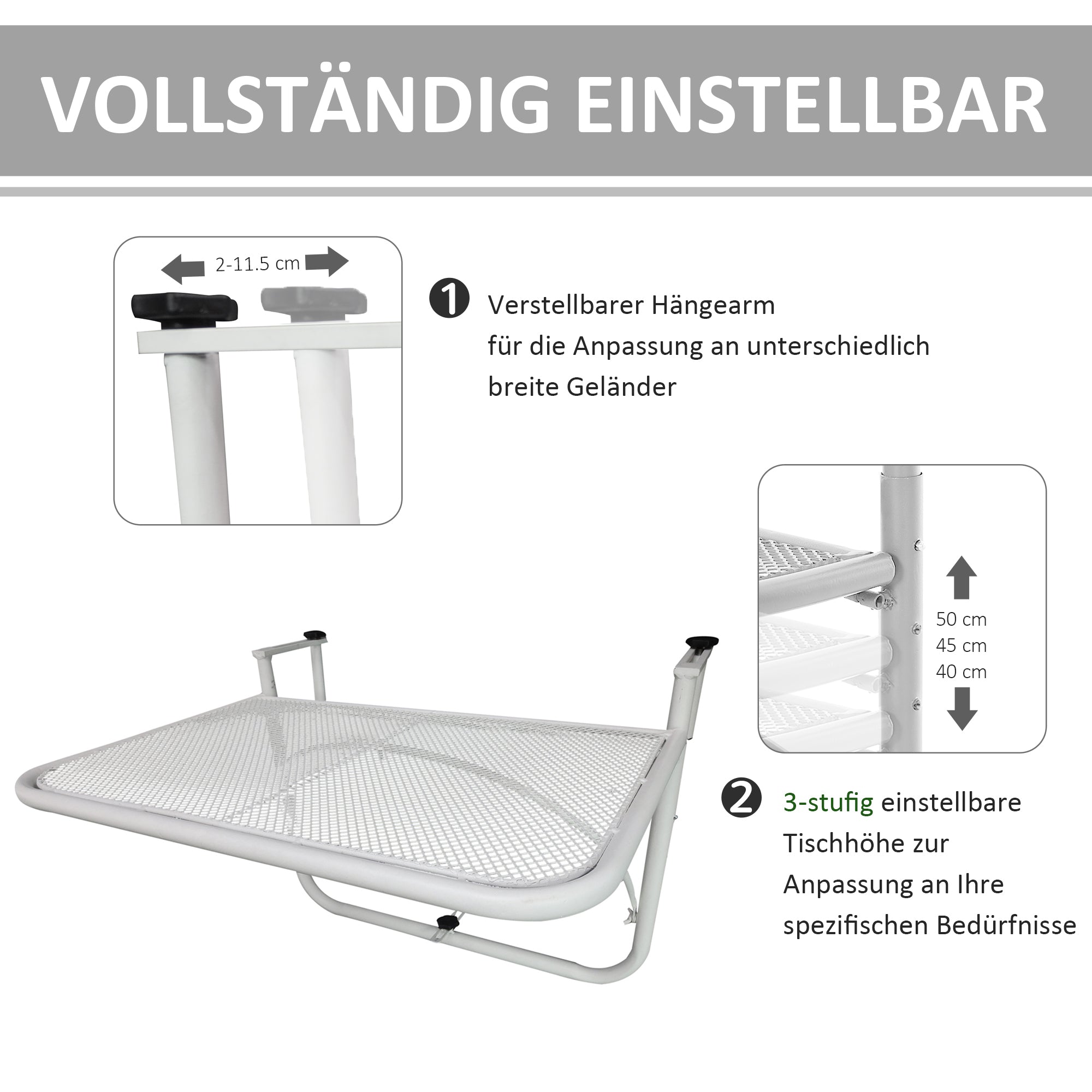 Balcony Hanging Table 3-Level Adjustable Hanging Table Made of Metal Weatherproof Balcony Table Side Table for Balcony Railing Terrace Railing Table for Hanging 60 x 56.5 cm, White