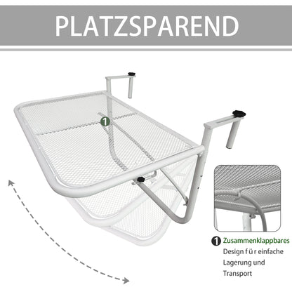Balcony Hanging Table 3-Level Adjustable Hanging Table Made of Metal Weatherproof Balcony Table Side Table for Balcony Railing Terrace Railing Table for Hanging 60 x 56.5 cm, White