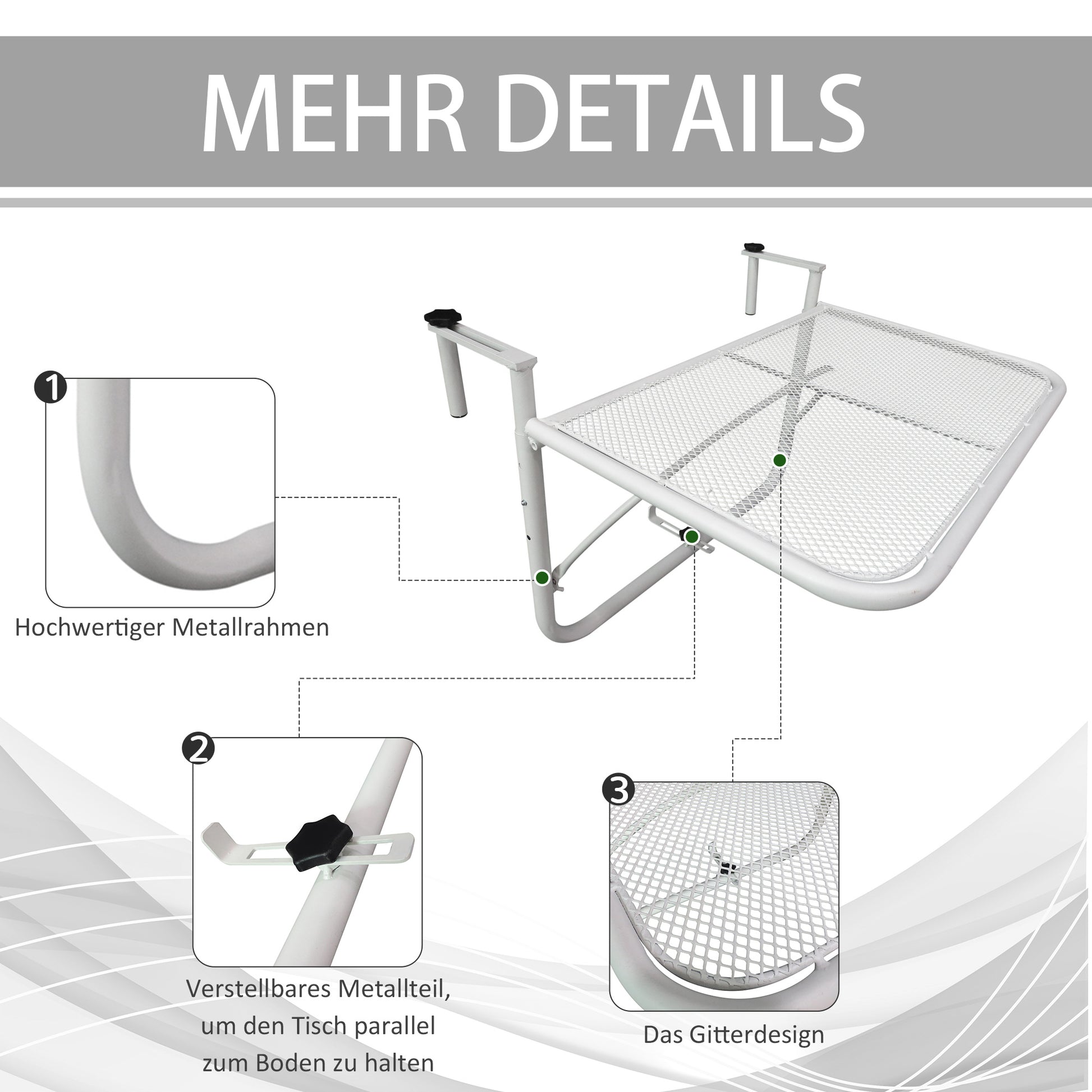 Balcony Hanging Table 3-Level Adjustable Hanging Table Made of Metal Weatherproof Balcony Table Side Table for Balcony Railing Terrace Railing Table for Hanging 60 x 56.5 cm, White