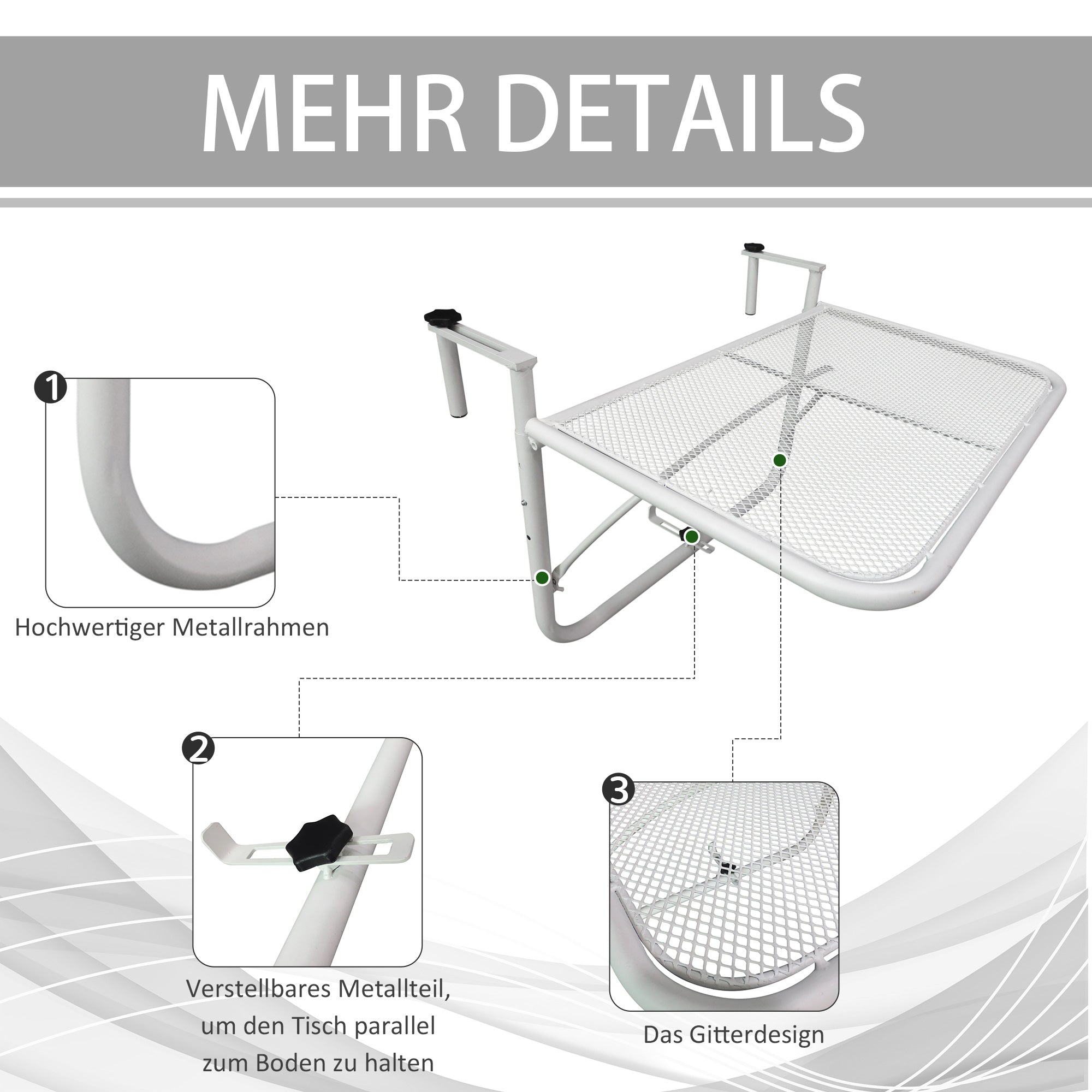 Balcony Hanging Table 3-Level Adjustable Hanging Table Made of Metal Weatherproof Balcony Table Side Table for Balcony Railing Terrace Railing Table for Hanging 60 x 56.5 cm, White