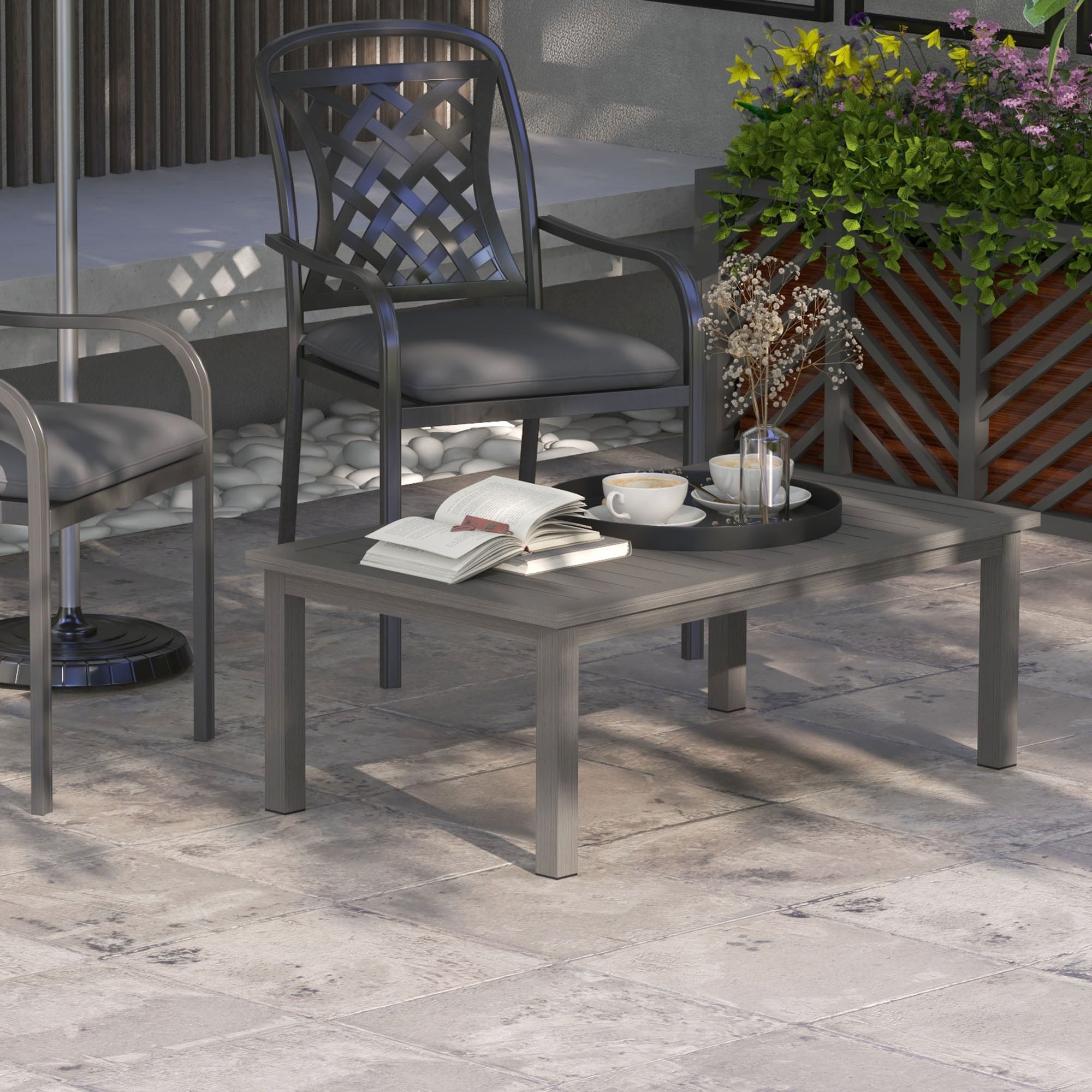 Rectangular Coffee Table Garden Table with Slatted Top for Indoor/Outdoor Use, Aluminum, Brown, 100L x 60W x 37H cm