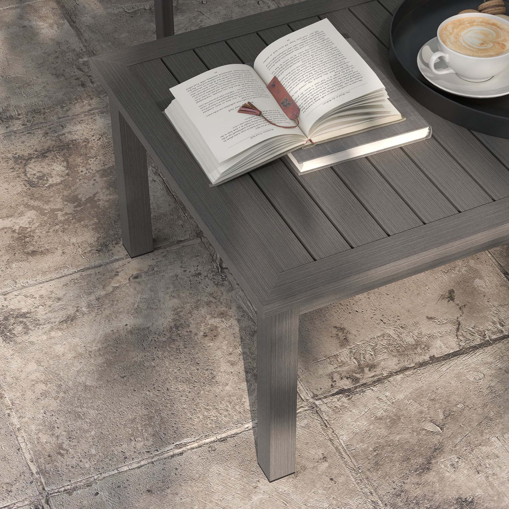 Rectangular Coffee Table Garden Table with Slatted Top for Indoor/Outdoor Use, Aluminum, Brown, 100L x 60W x 37H cm