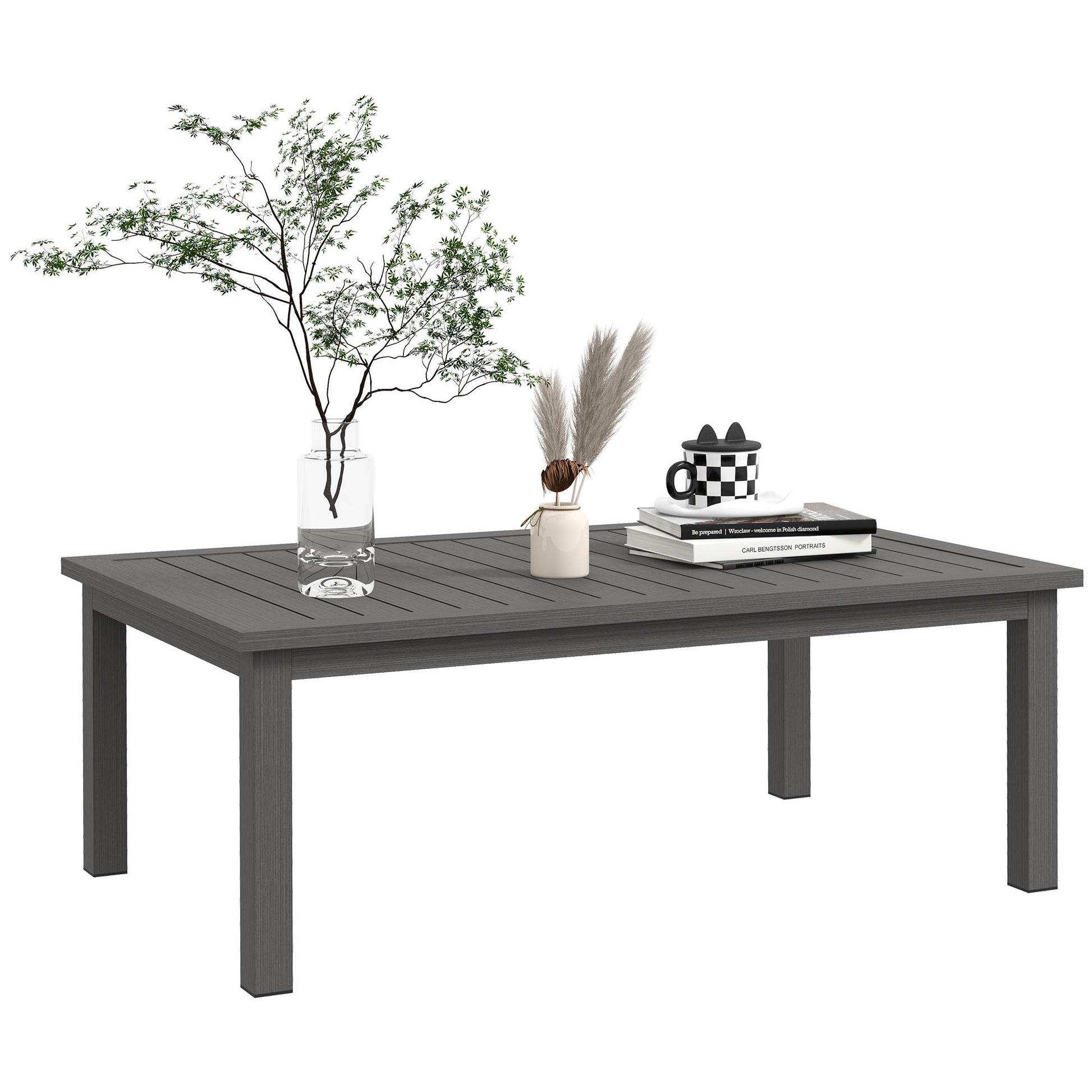 Rectangular Coffee Table Garden Table with Slatted Top for Indoor/Outdoor Use, Aluminum, Brown, 100L x 60W x 37H cm