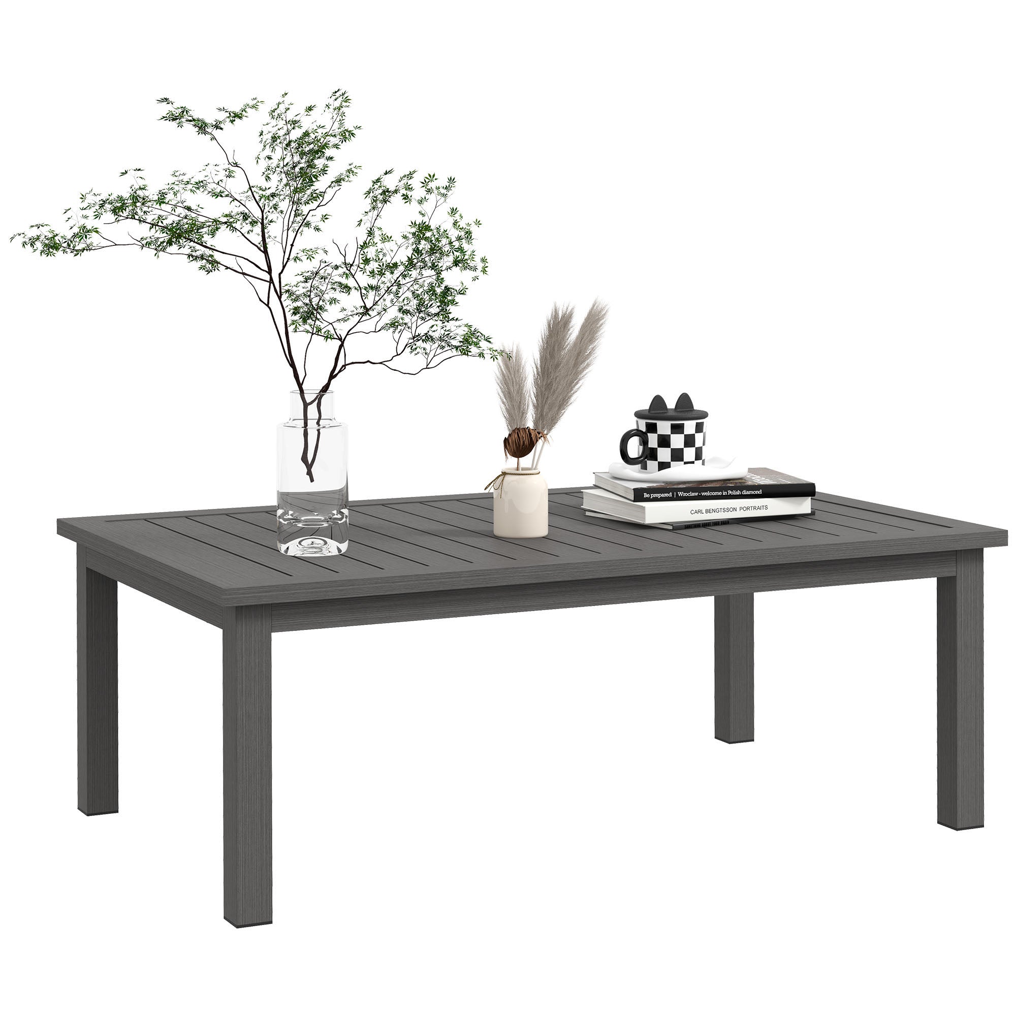 Rectangular Coffee Table Garden Table with Slatted Top for Indoor/Outdoor Use, Aluminum, Brown, 100L x 60W x 37H cm