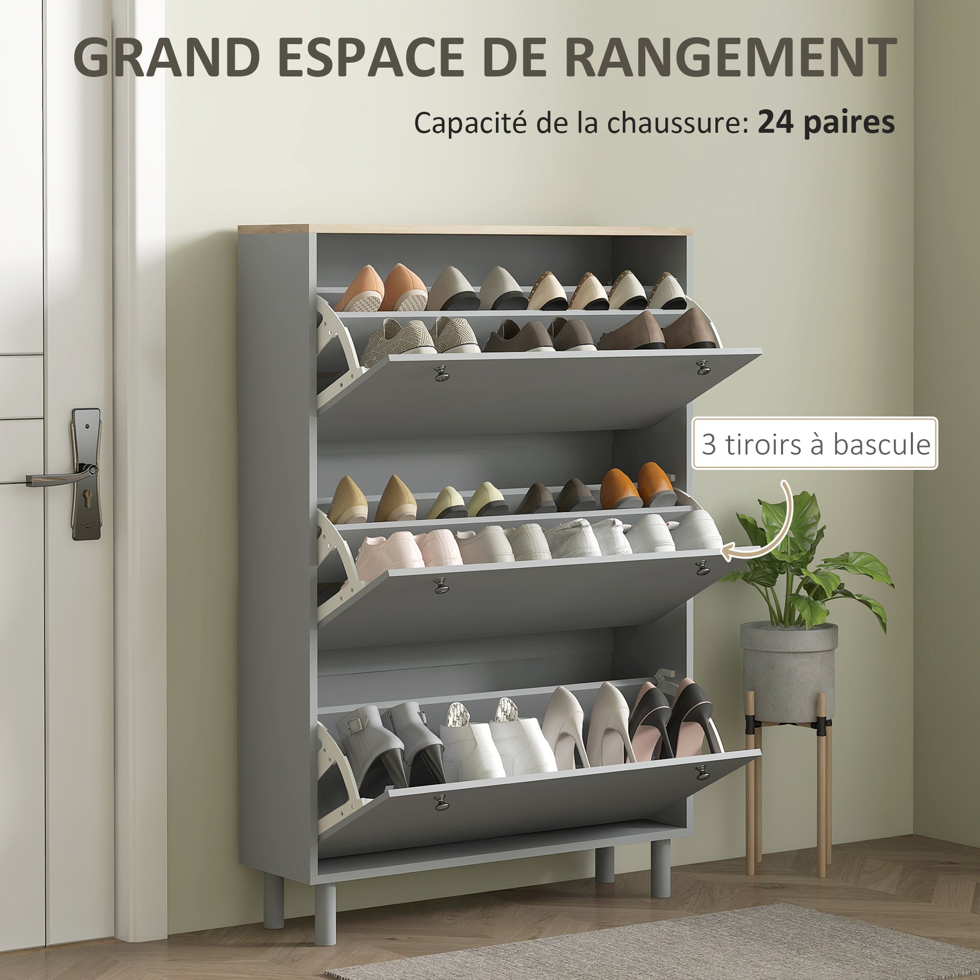 Shoe Cabinet for 24 Pairs, Narrow Shoe Cabinet, Entryway Furniture with 3 Tilting Drawers and Adjustable Shelves, for Hallway and Entrance, 80x23.5x121cm, Gray