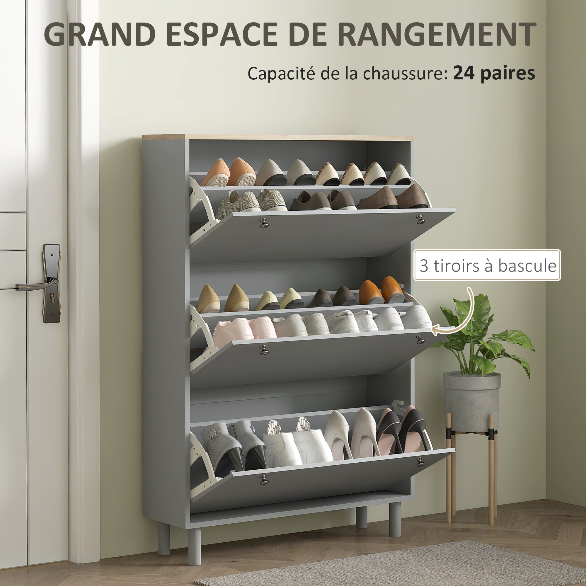 Shoe Cabinet for 24 Pairs, Narrow Shoe Cabinet, Entryway Furniture with 3 Tilting Drawers and Adjustable Shelves, for Hallway and Entrance, 80x23.5x121cm, Gray