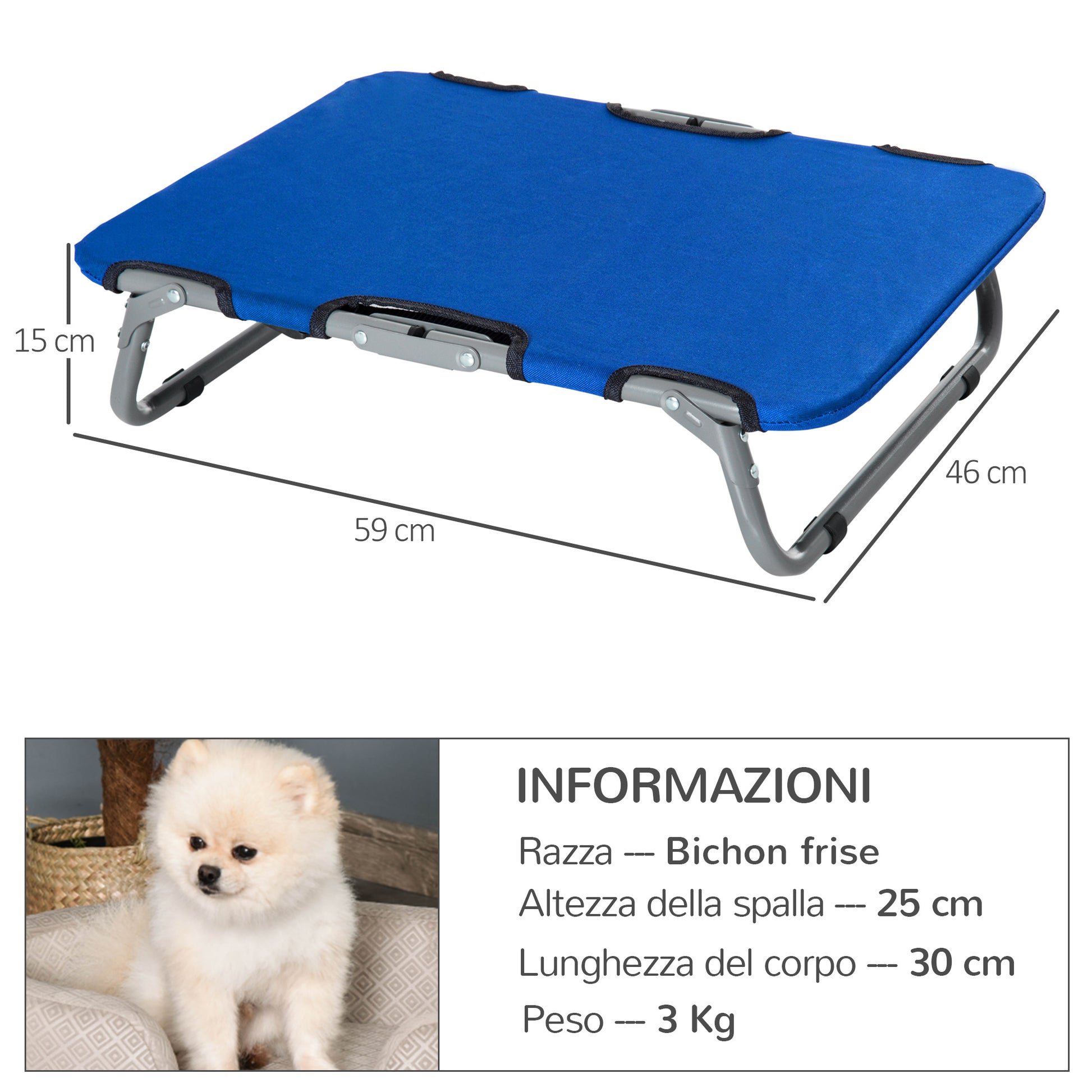 Small Size Foldable Dog Bed for Indoor and Outdoor, Raised Dog Cot, Steel and Oxford Fabric, 59x46x15 cm, Blue