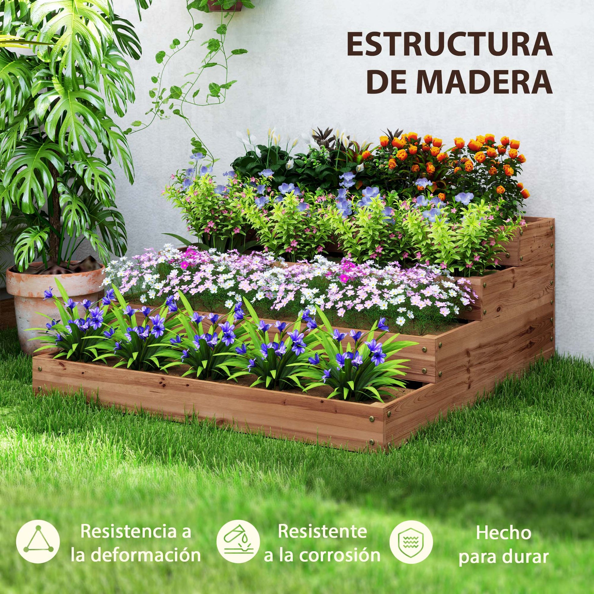 4-Tier Elevated Wooden Planter Large Outdoor Planter with Ladder Design Urban Garden for Growing Plants Flowers for Patio Terrace Balcony 113x113x46 cm Dark Brown