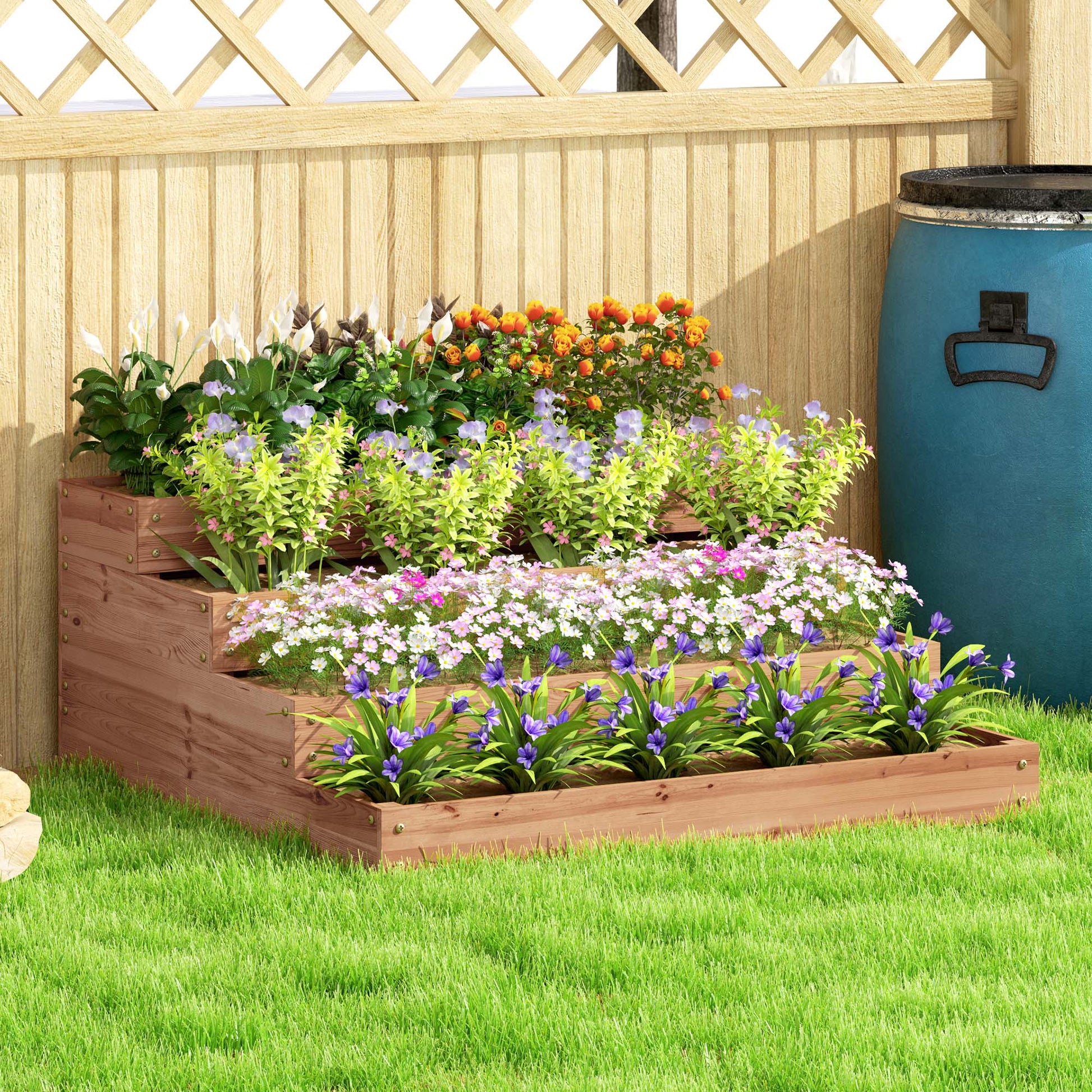 4-Tier Elevated Wooden Planter Large Outdoor Planter with Ladder Design Urban Garden for Growing Plants Flowers for Patio Terrace Balcony 113x113x46 cm Dark Brown