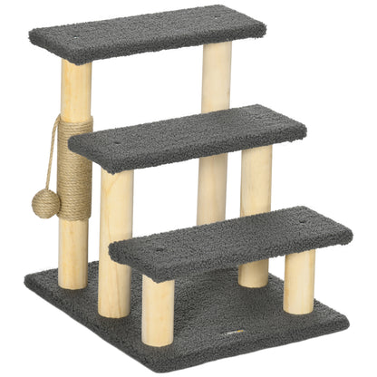 Cat Stairs 3-Step Pet Stairs, 48 cm Pet Stairs with Sisal Column, Dog Stairs with Play Ball, Entry Aid for High Beds, Pine Wood, Gray+Natural
