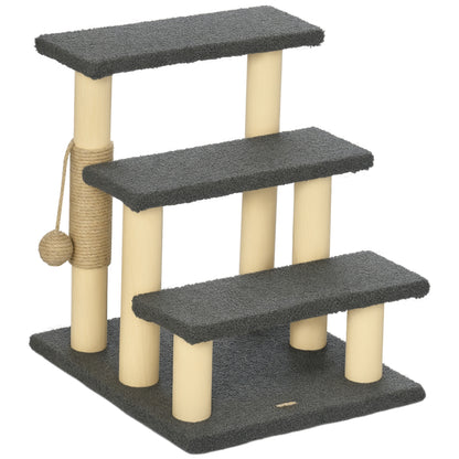 Cat Stairs 3-Step Pet Stairs, 48 cm Pet Stairs with Sisal Column, Dog Stairs with Play Ball, Entry Aid for High Beds, Pine Wood, Gray+Natural