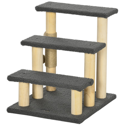 Cat Stairs 3-Step Pet Stairs, 48 cm Pet Stairs with Sisal Column, Dog Stairs with Play Ball, Entry Aid for High Beds, Pine Wood, Gray+Natural