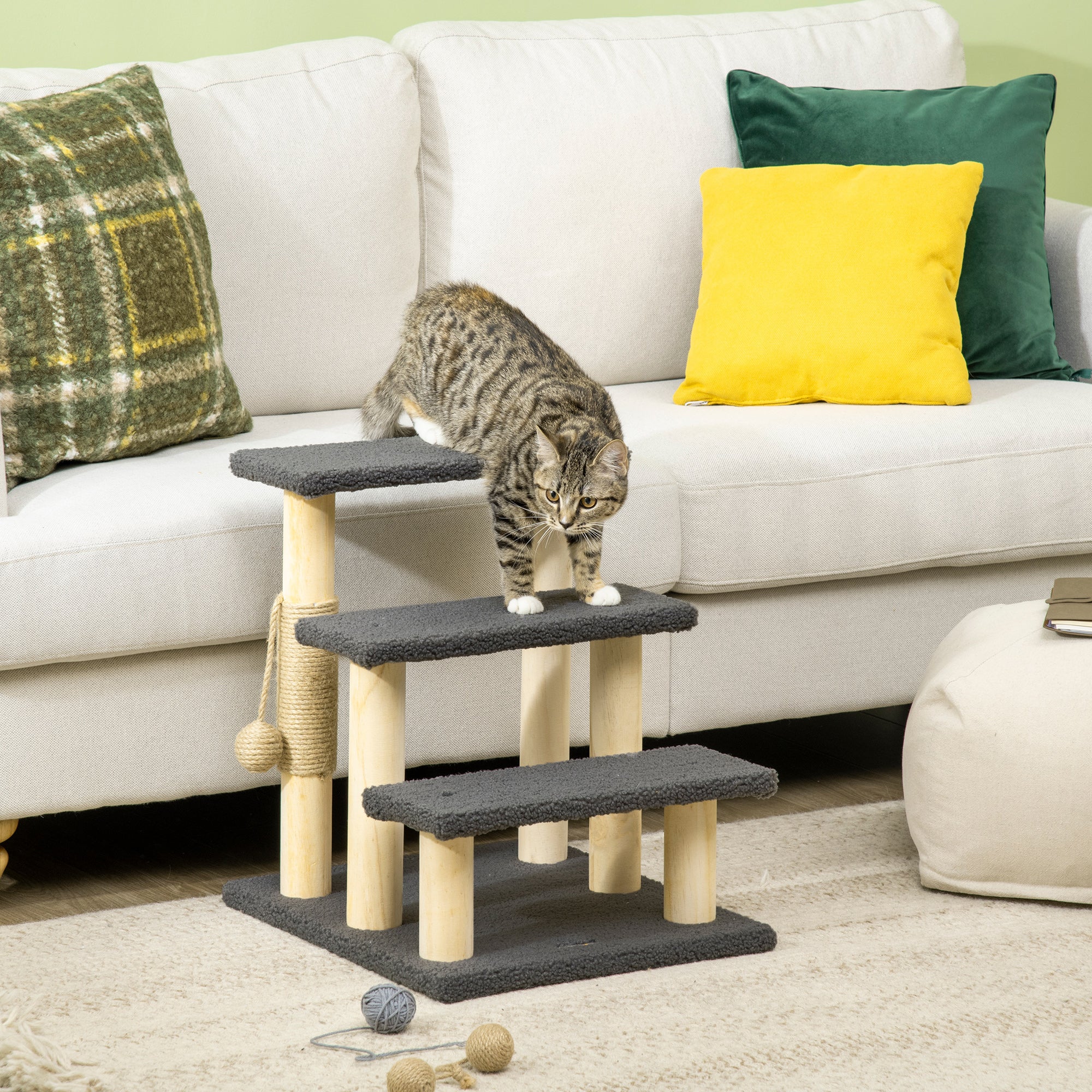 Cat Stairs 3-Step Pet Stairs, 48 cm Pet Stairs with Sisal Column, Dog Stairs with Play Ball, Entry Aid for High Beds, Pine Wood, Gray+Natural