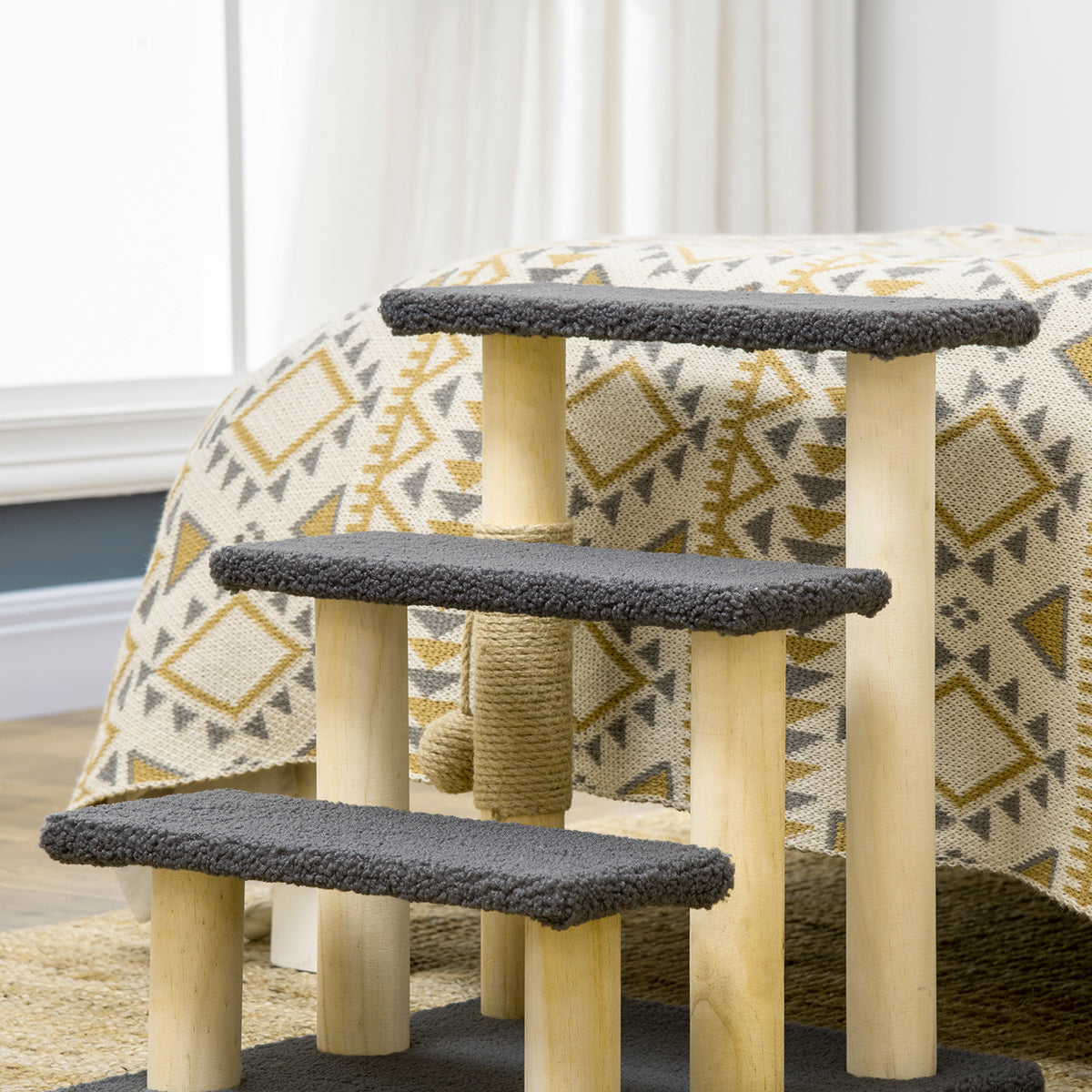 Cat Stairs 3-Step Pet Stairs, 48 cm Pet Stairs with Sisal Column, Dog Stairs with Play Ball, Entry Aid for High Beds, Pine Wood, Gray+Natural