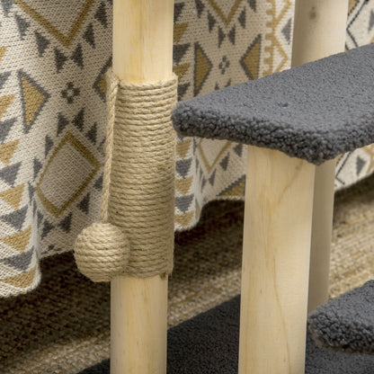 Cat Stairs 3-Step Pet Stairs, 48 cm Pet Stairs with Sisal Column, Dog Stairs with Play Ball, Entry Aid for High Beds, Pine Wood, Gray+Natural