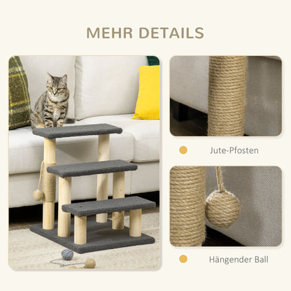 Cat Stairs 3-Step Pet Stairs, 48 cm Pet Stairs with Sisal Column, Dog Stairs with Play Ball, Entry Aid for High Beds, Pine Wood, Gray+Natural