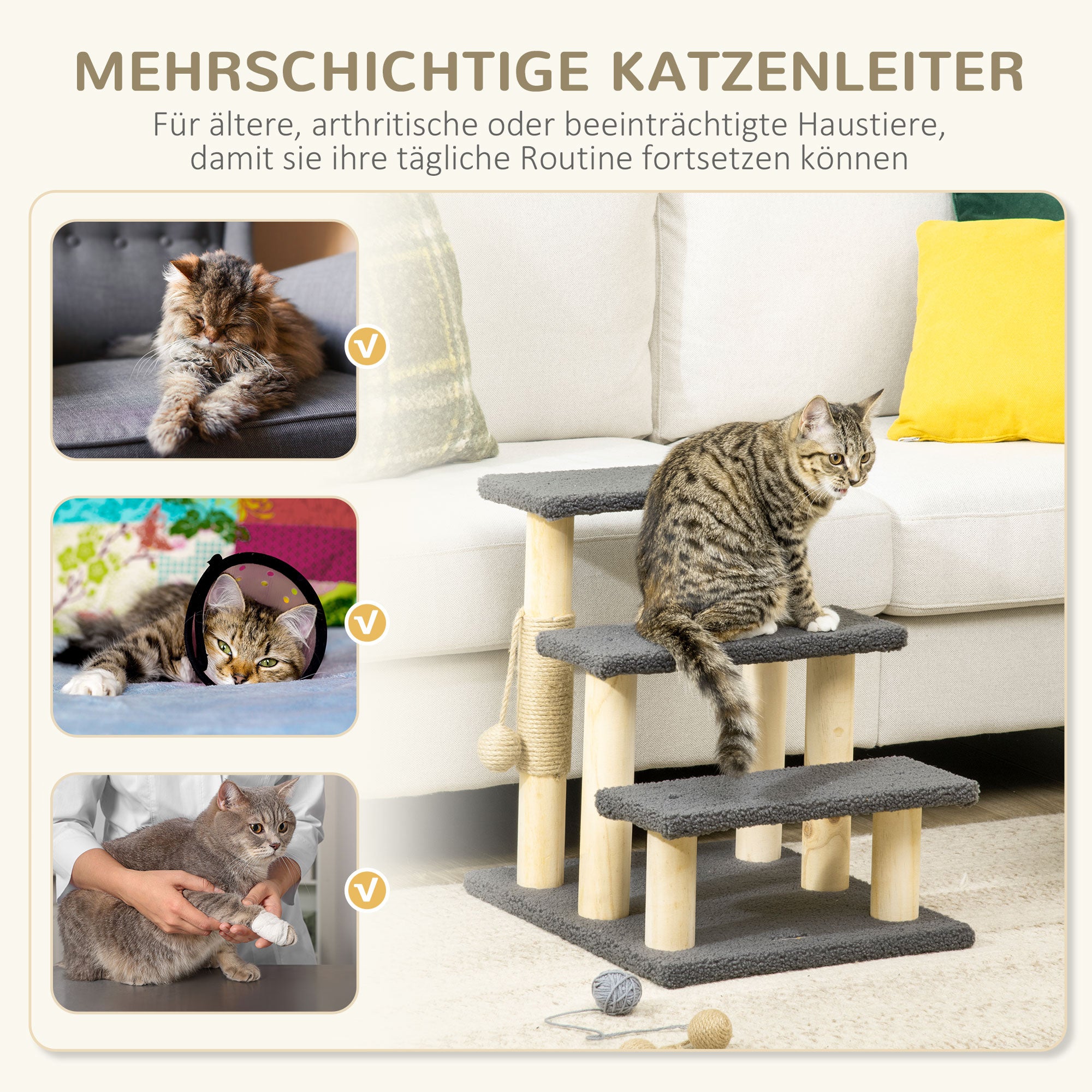 Cat Stairs 3-Step Pet Stairs, 48 cm Pet Stairs with Sisal Column, Dog Stairs with Play Ball, Entry Aid for High Beds, Pine Wood, Gray+Natural