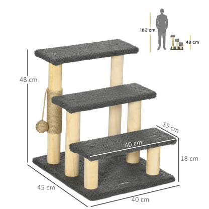 Cat Stairs 3-Step Pet Stairs, 48 cm Pet Stairs with Sisal Column, Dog Stairs with Play Ball, Entry Aid for High Beds, Pine Wood, Gray+Natural