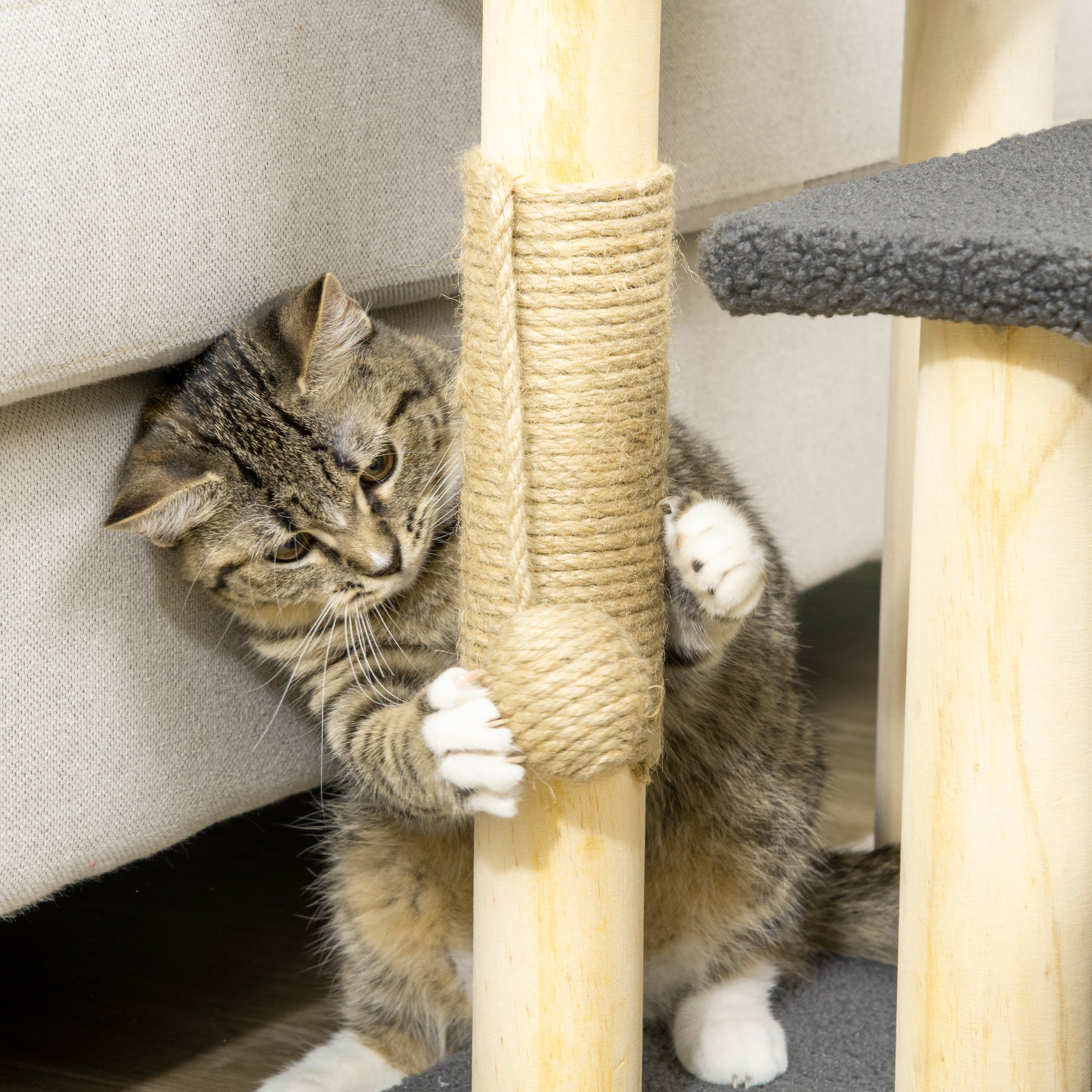 Cat Stairs 3-Step Pet Stairs, 48 cm Pet Stairs with Sisal Column, Dog Stairs with Play Ball, Entry Aid for High Beds, Pine Wood, Gray+Natural