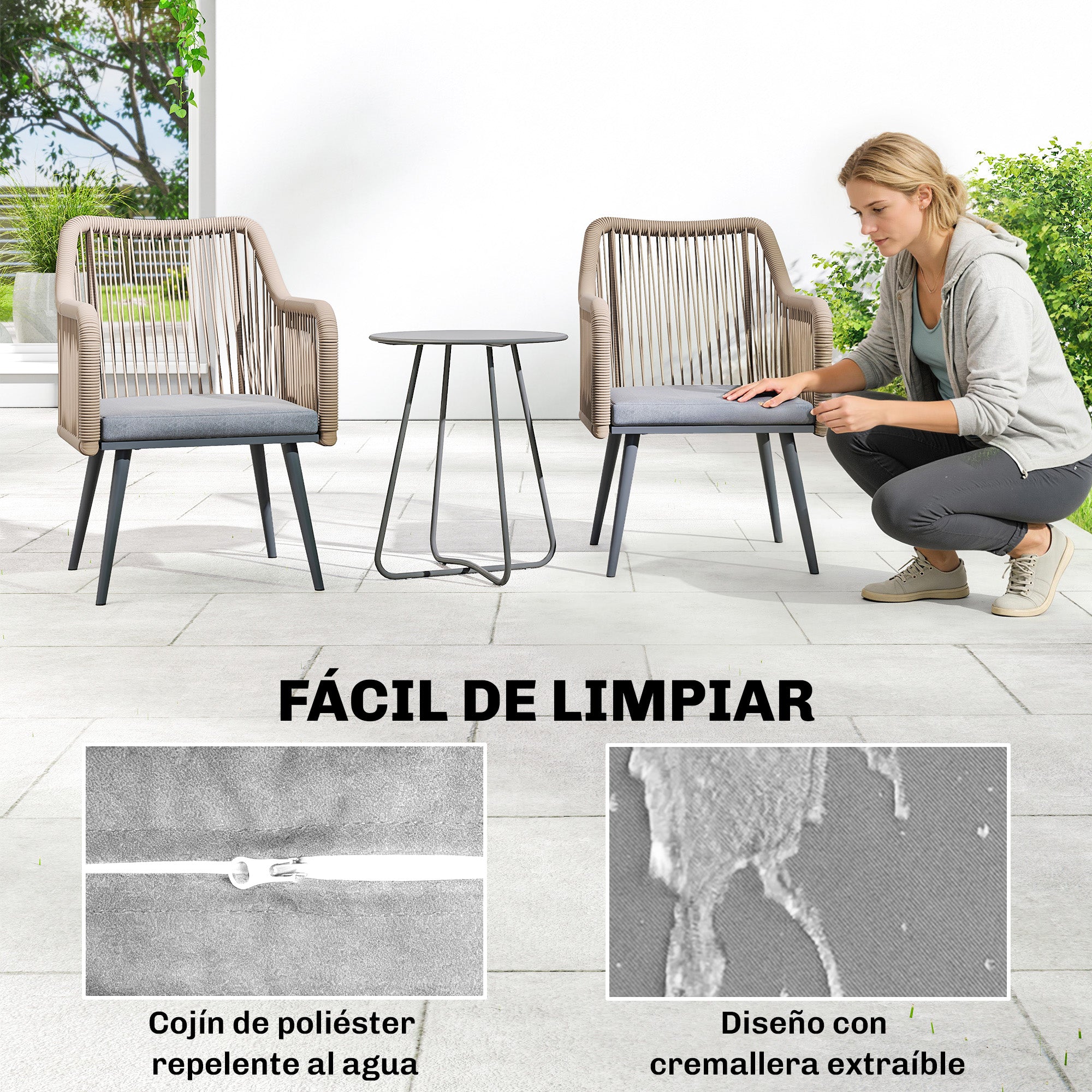 Set of 2 Outdoor Rattan Garden Chairs with Cushions, Armrests & Steel Frame — Weather-Resistant for Balcony/Patio, Light Gray (21.3 x 25.6 x 31.5 in)