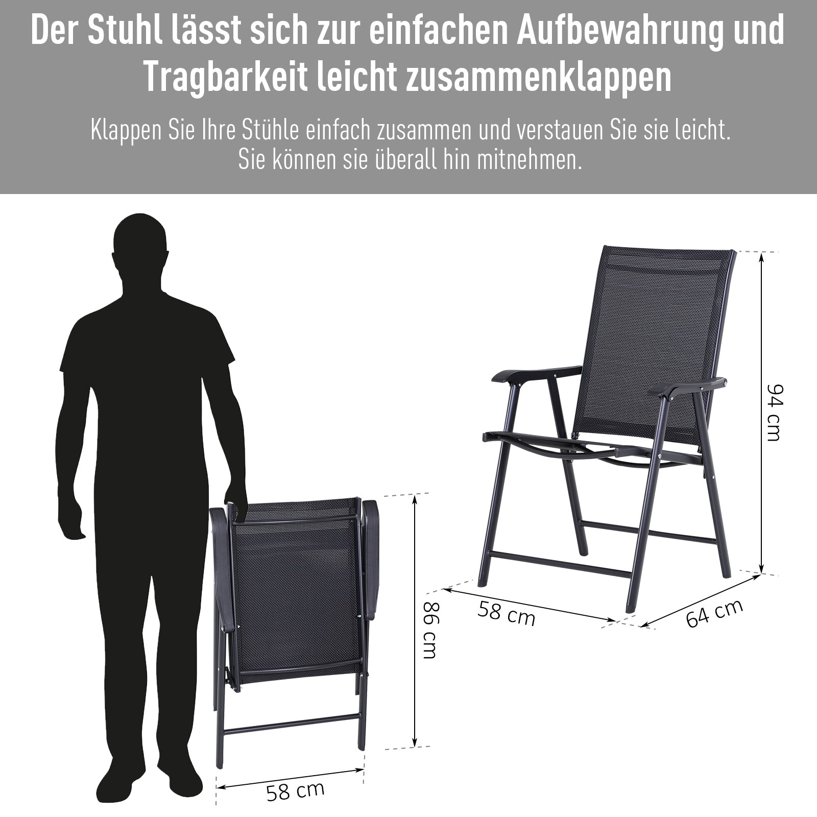 Folding Chair with Armrest 2-Pack Camping Chair Fishing Chair Metal Black 58 x 64 x 94 cm