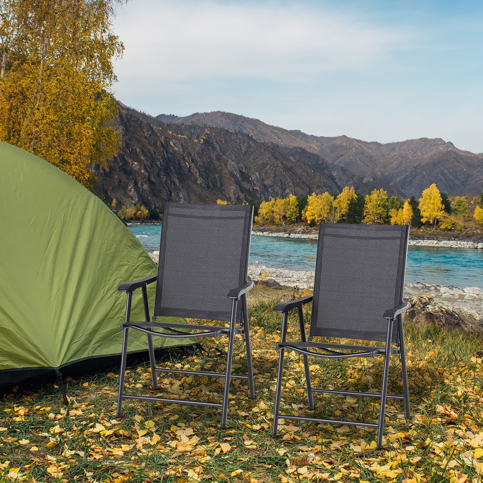 Folding Chair with Armrest 2-Pack Camping Chair Fishing Chair Metal Black 58 x 64 x 94 cm