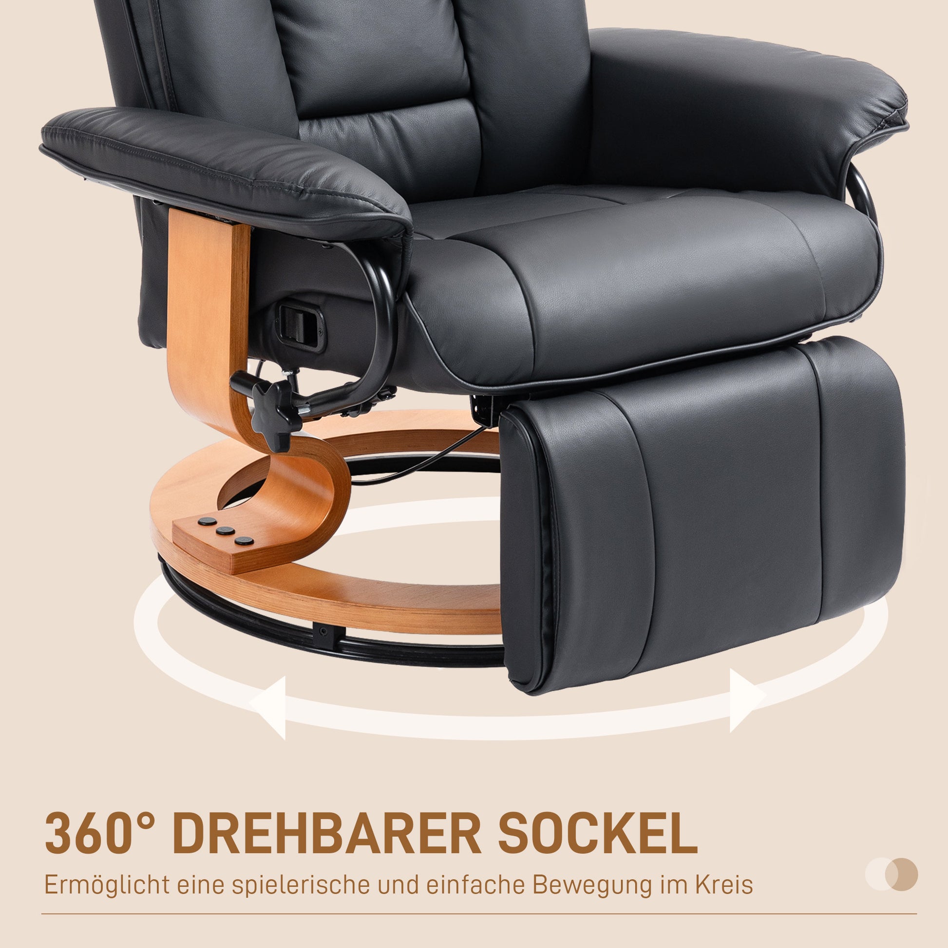Reclining Armchair TV Chair with Reclining Function, Swivel Lounge Chair TV Armchair with Adjustable Backrest Recliner Chair up to 150 kg Load, Faux Leather, Black