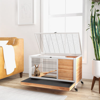 Wooden Rabbit Cage Small Pet Hutch Indoor Portable with Openable Roof Ramp Removable Tray for Guinea Pigs 90x53x59 cm Natural and White