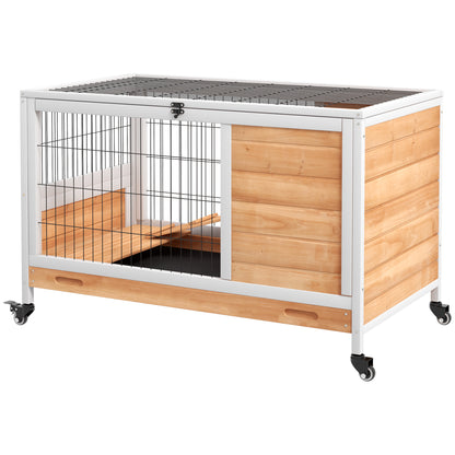 Wooden Rabbit Cage Small Pet Hutch Indoor Portable with Openable Roof Ramp Removable Tray for Guinea Pigs 90x53x59 cm Natural and White