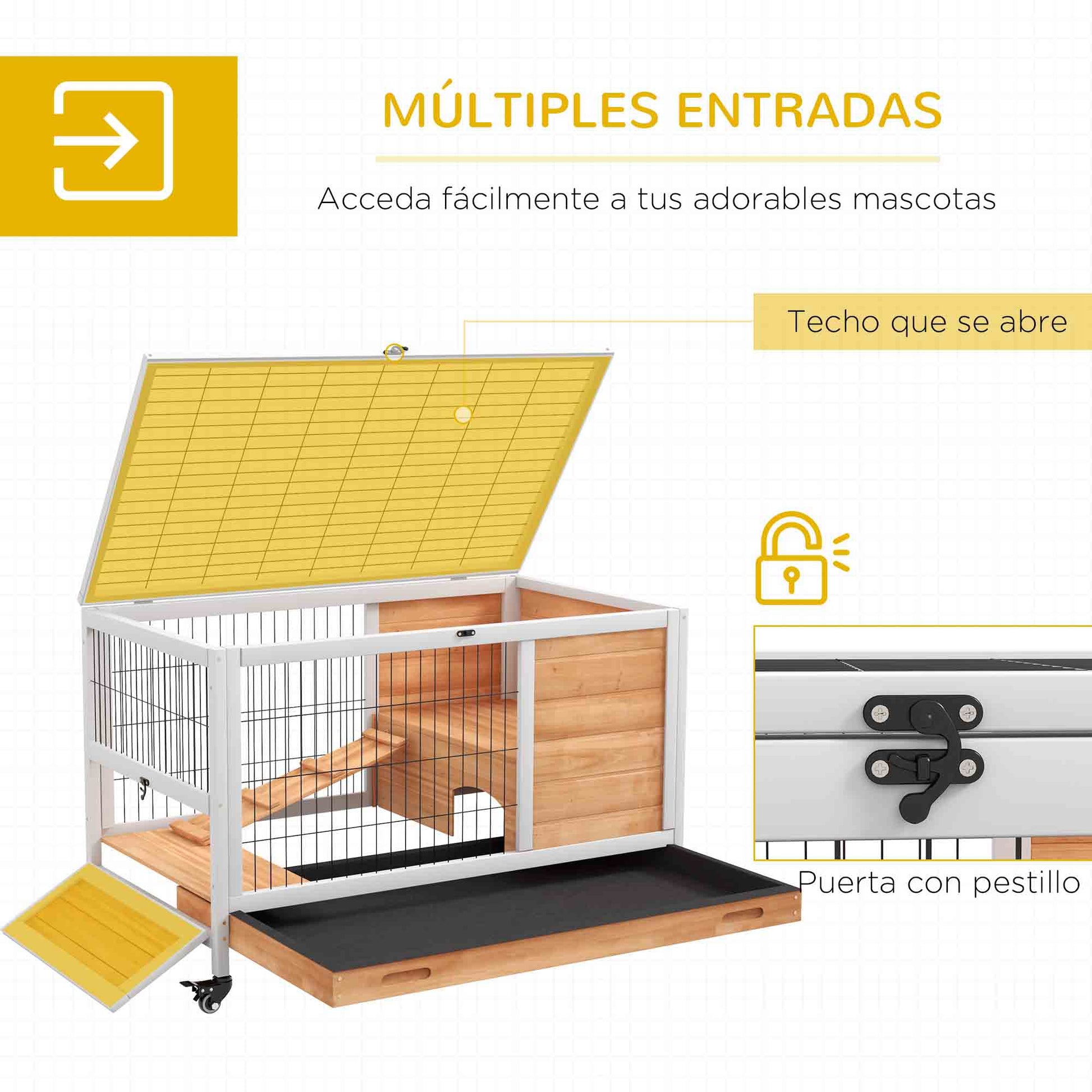 Wooden Rabbit Cage Small Pet Hutch Indoor Portable with Openable Roof Ramp Removable Tray for Guinea Pigs 90x53x59 cm Natural and White