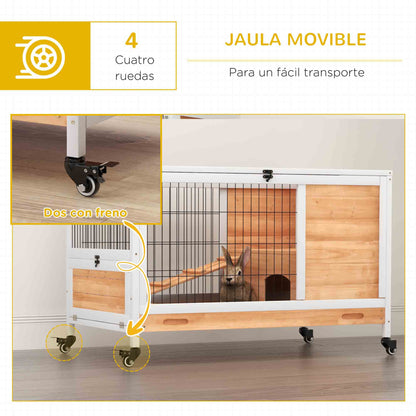 Wooden Rabbit Cage Small Pet Hutch Indoor Portable with Openable Roof Ramp Removable Tray for Guinea Pigs 90x53x59 cm Natural and White