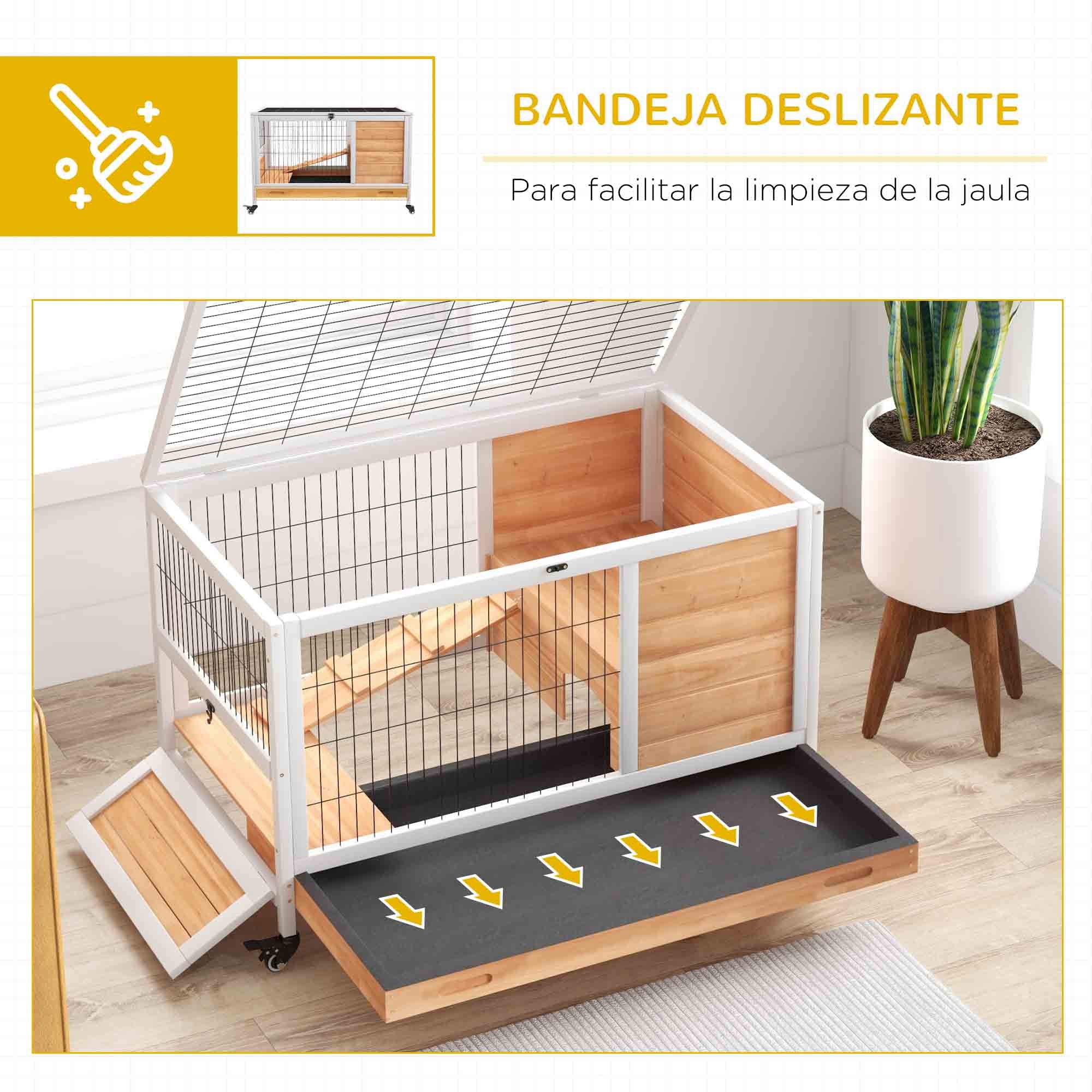 Wooden Rabbit Cage Small Pet Hutch Indoor Portable with Openable Roof Ramp Removable Tray for Guinea Pigs 90x53x59 cm Natural and White