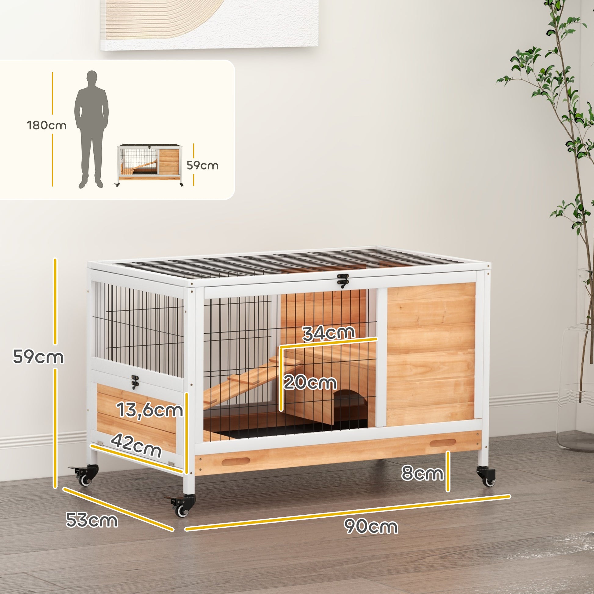 Wooden Rabbit Cage Small Pet Hutch Indoor Portable with Openable Roof Ramp Removable Tray for Guinea Pigs 90x53x59 cm Natural and White