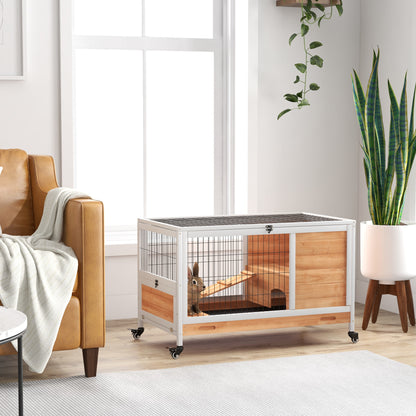 Wooden Rabbit Cage Small Pet Hutch Indoor Portable with Openable Roof Ramp Removable Tray for Guinea Pigs 90x53x59 cm Natural and White