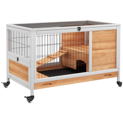 Wooden Rabbit Cage Small Pet Hutch Indoor Portable with Openable Roof Ramp Removable Tray for Guinea Pigs 90x53x59 cm Natural and White
