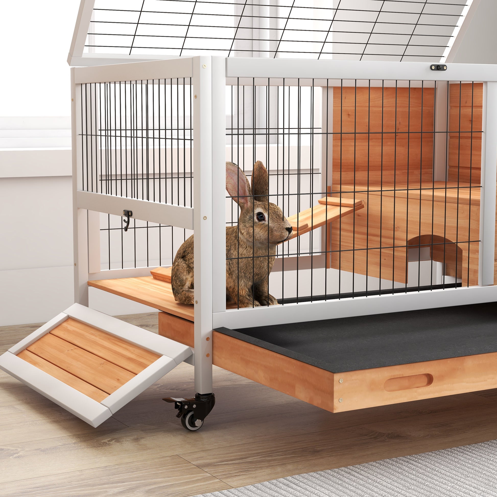 Wooden Rabbit Cage Small Pet Hutch Indoor Portable with Openable Roof Ramp Removable Tray for Guinea Pigs 90x53x59 cm Natural and White