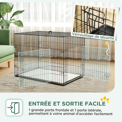 Dog Crate, Foldable Dog Transport Cage with 2 Doors, Removable Tray, Washable Soft Cushion, Steel Frame, 91 x 62 x 68 cm, Black