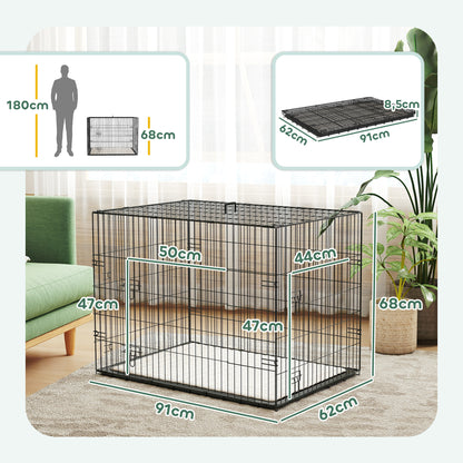 Dog Crate, Foldable Dog Transport Cage with 2 Doors, Removable Tray, Washable Soft Cushion, Steel Frame, 91 x 62 x 68 cm, Black