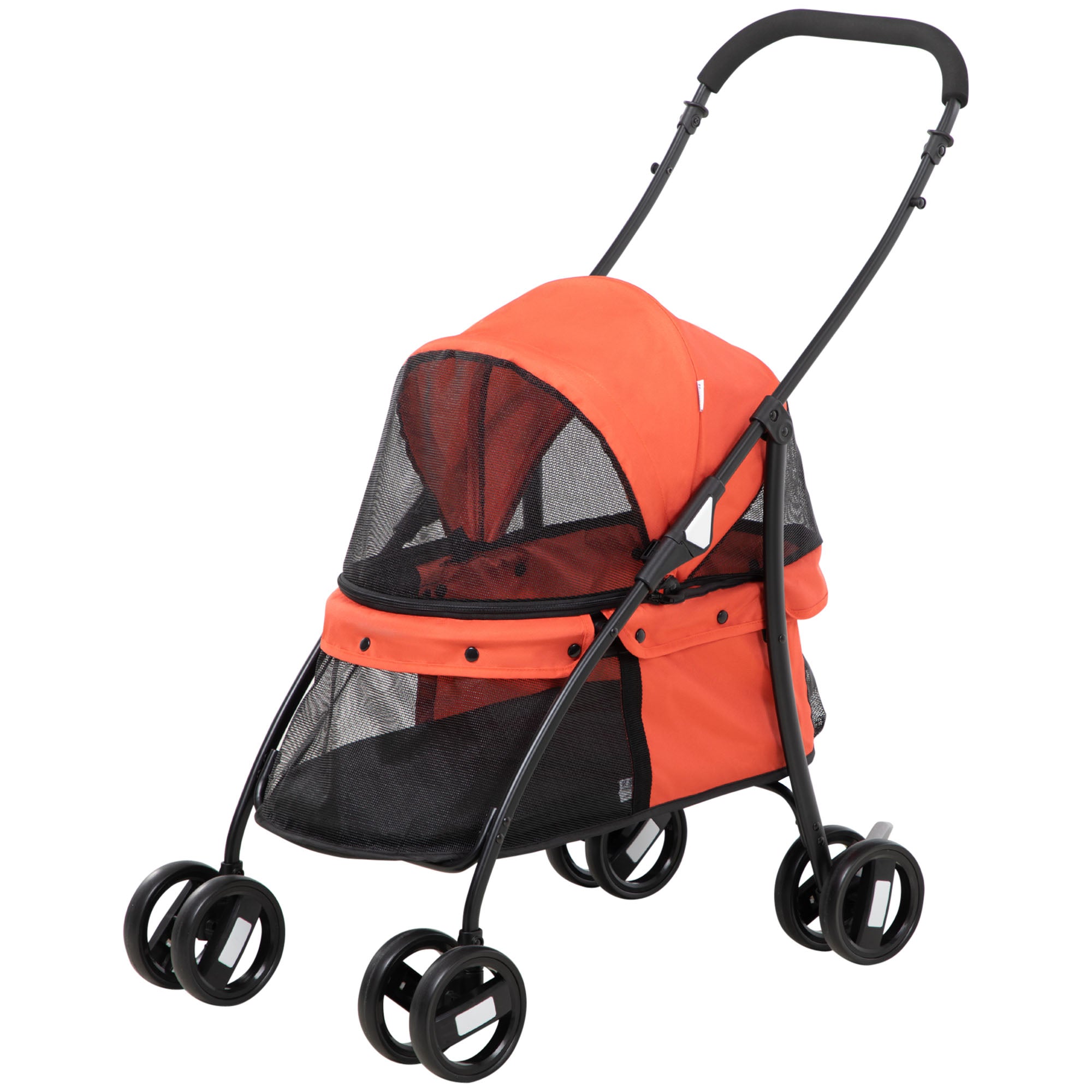 Folding Pet Stroller for Small Dogs with Mesh Windows Washable Cushion Safety Straps Steel Frame Holds 15 kg Red